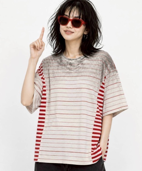 KAMINARI_TOKIO(カミナリトキオ)の「ランダムボーダーヴィンテージライクTシャツ(Tシャツ/カットソー・レディース・ホワイト/レッド/グレー・FREE)」の18枚目の写真