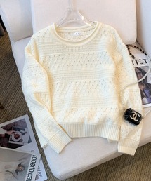 クルーネック メッシュニット ルーズトップス