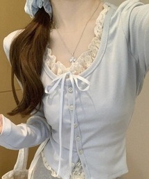 バレエコア レースフリル&リボン タイト リブカーディガン風 Tシャツ カットソー