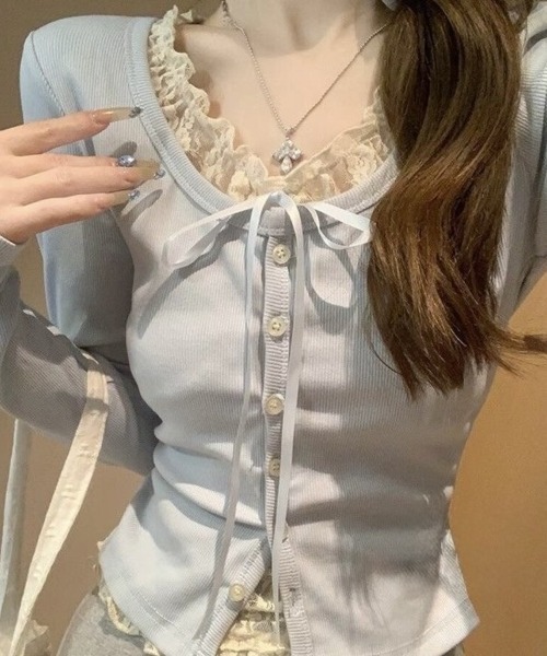 Beststore(ベストストア)の「バレエコア レースフリル&リボン タイト リブカーディガン風 Tシャツ カットソー(Tシャツ/カットソー・レディース・グレー/ブルー/ピンク・FREE)」の17枚目の写真