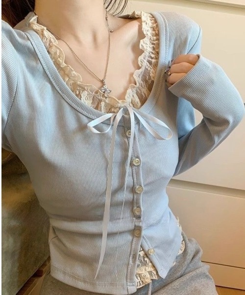 Beststore(ベストストア)の「バレエコア レースフリル&リボン タイト リブカーディガン風 Tシャツ カットソー(Tシャツ/カットソー・レディース・グレー/ブルー/ピンク・FREE)」の4枚目の写真