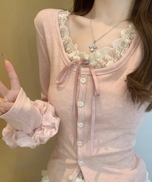 Beststore(ベストストア)の「バレエコア レースフリル&リボン タイト リブカーディガン風 Tシャツ カットソー(Tシャツ/カットソー・レディース・グレー/ブルー/ピンク・FREE)」の9枚目の写真