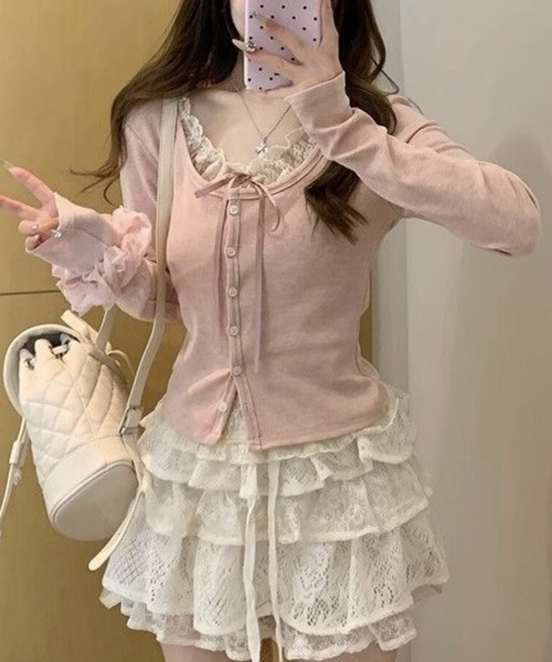 Beststore(ベストストア)の「バレエコア レースフリル&リボン タイト リブカーディガン風 Tシャツ カットソー(Tシャツ/カットソー・レディース・グレー/ブルー/ピンク・FREE)」の13枚目の写真