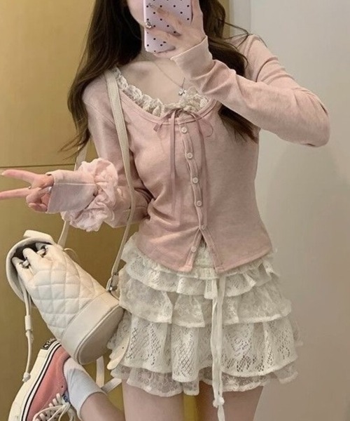 Beststore(ベストストア)の「バレエコア レースフリル&リボン タイト リブカーディガン風 Tシャツ カットソー(Tシャツ/カットソー・レディース・グレー/ブルー/ピンク・FREE)」の14枚目の写真