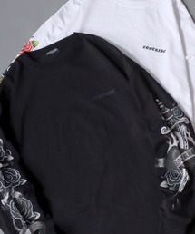 Sleeve Print T-Shirt/トライバル フラワー ハート 袖プリント ワンポイント刺繍 オーバーサイズ ロンT 長袖Tシャツ レディース メンズ