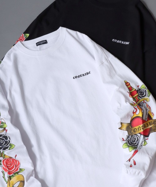 SITRY(シトリー)の「Sleeve Print T-Shirt/トライバル フラワー ハート 袖プリント ワンポイント刺繍 オーバーサイズ ロンT 長袖Tシャツ レディース メンズ(Tシャツ/カットソー・メンズ・ブラック/ホワイト/ブラック系その他/ブラック系その他2/ブラック系その他3/ブラック系その他4・M/L)」の2枚目の写真