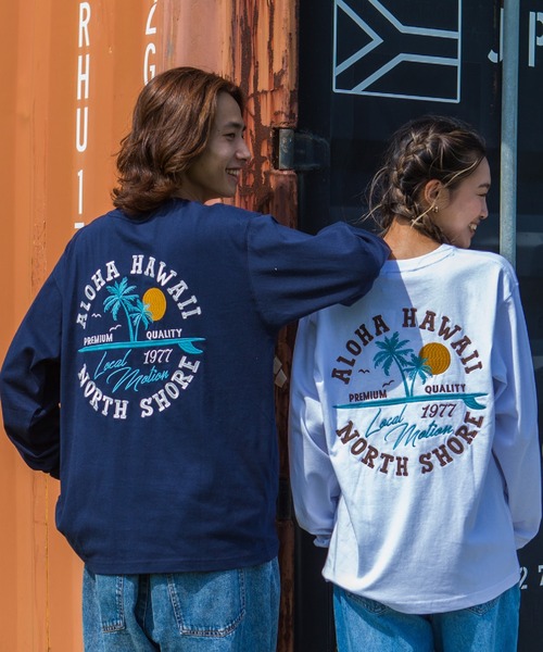 LOCALMOTION HAWAII（ローカルモーション　ハワイ）の「ハワイ＆ﾘｿﾞｰﾄｱﾛﾊﾊﾜｲｻｰｸﾙ刺繍ﾛﾝｸﾞTｼｬﾂ（Tシャツ/カットソー・メンズ・ネイビー/ホワイト・X-LARGE/SMALL/LARGE/MEDIUM）」の9枚目の写真