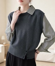 ストライプ柄シャツ襟ドッキングニット