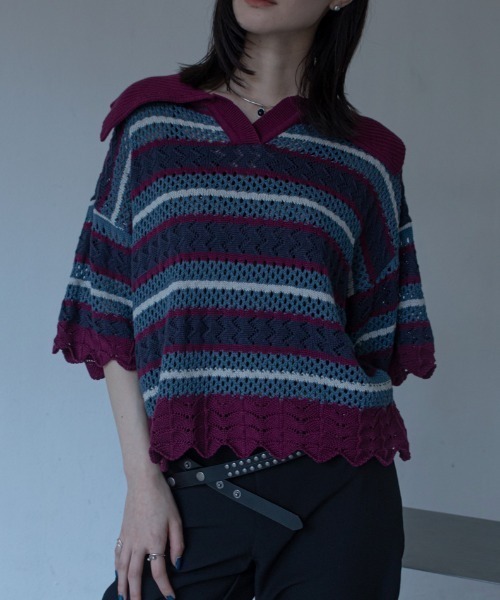 VACANCY(ヴァカンシー)の「【VACANCY公式】クロシェ編みマルチボーダーポロトップス(ニット/セーター・レディース・ナチュラル・FREE)」の3枚目の写真
