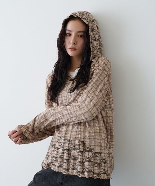 CIAOPANIC TYPY（チャオパニックティピー）の「∴チェックプリントレースフーディー（Tシャツ/カットソー・レディース・ブラウン/グレー/アイボリー・ONE SIZE）」の3枚目の写真