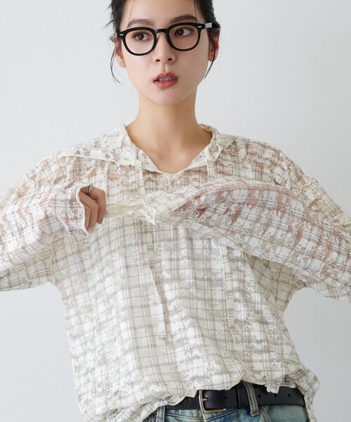 CIAOPANIC TYPY（チャオパニックティピー）の「∴チェックプリントレースフーディー（Tシャツ/カットソー・レディース・ブラウン/グレー/アイボリー・ONE SIZE）」の4枚目の写真