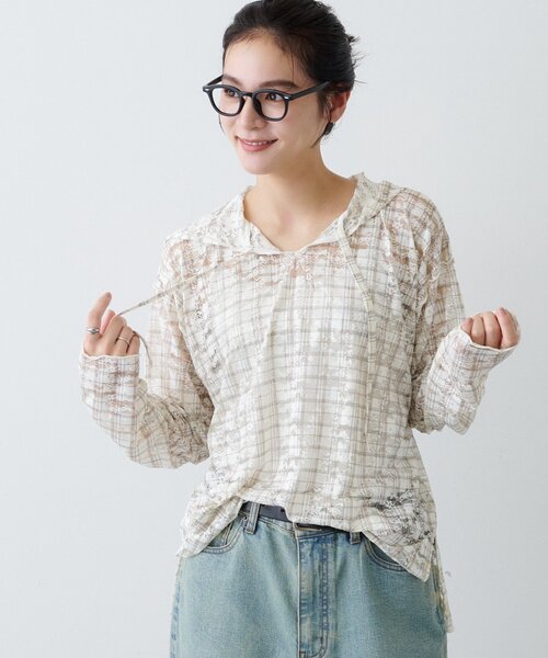 CIAOPANIC TYPY（チャオパニックティピー）の「∴チェックプリントレースフーディー（Tシャツ/カットソー・レディース・ブラウン/グレー/アイボリー・ONE SIZE）」の5枚目の写真