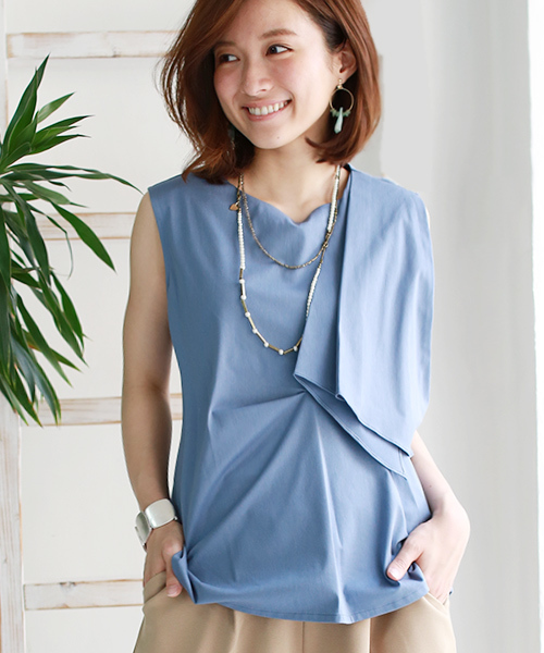 REAL CUBE(リアルキューブ)の「CLOCHE Made in Japan フロントデザインノースリーブトップス(Tシャツ/カットソー・レディース・オフホワイト/ブルー/ベージュ/イエロー・02)」の3枚目の写真