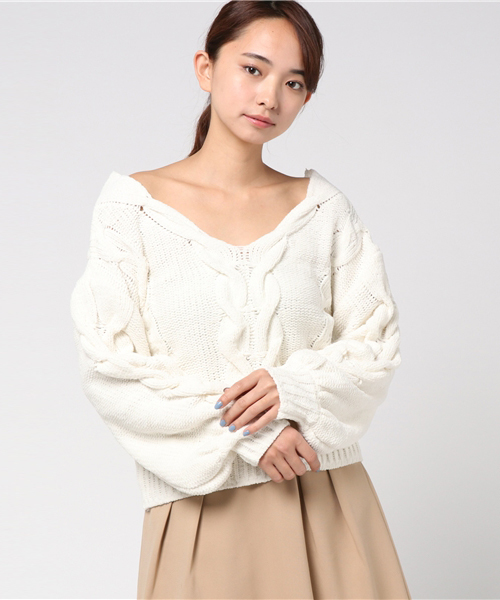 one after another NICE CLAUP（ワンアフターアナザーナイスクラップ）の「モールヤーンV開きニット（ニット/セーター・レディース・アイボリー/ピンク/ネイビー・FREE）」の11枚目の写真