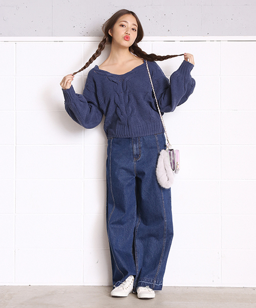 one after another NICE CLAUP（ワンアフターアナザーナイスクラップ）の「モールヤーンV開きニット（ニット/セーター・レディース・アイボリー/ピンク/ネイビー・FREE）」の14枚目の写真