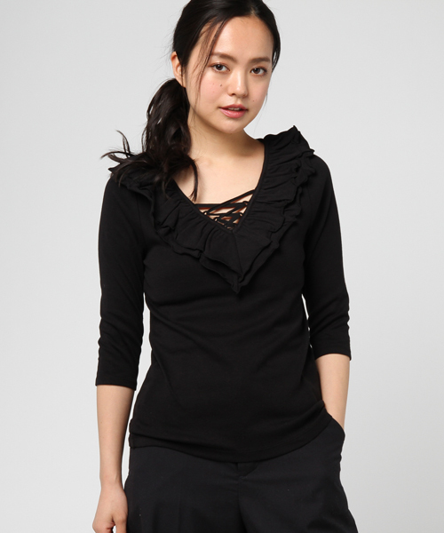 SLY(スライ)の「FRILL LACE UP 7分袖 TOPS(Tシャツ/カットソー・レディース・ブラック/ネイビー系/オフホワイト/レッド系その他・1/2)」の13枚目の写真