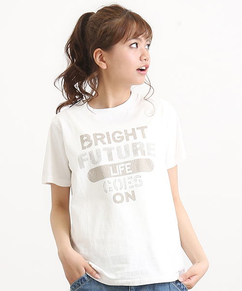 CUBE SUGAR(キューブシュガー)の「20/-OE天竺 "BRIGHT FUTURE"パウダー加工クルーTシャツ(Tシャツ/カットソー・レディース・ネイビー/ブラック/ブラウン系その他/ホワイト・M)」の2枚目の写真