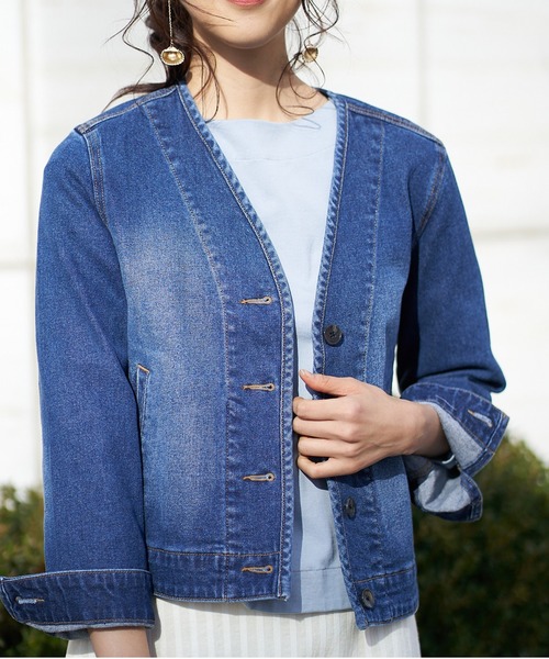 MICHEL KLEIN(ミッシェル・クラン)の「【洗える】ストレッチデニムVカラージャケット(ノーカラージャケット)」|ネイビー