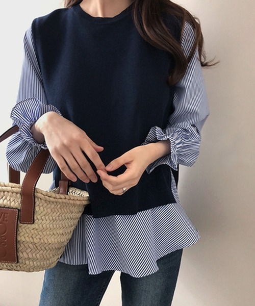 Girly Doll(ガーリードール)の「レイヤードが楽しめる!ニットベスト・ブラウス2枚セット(ニット/セーター・レディース・ホワイト/ブルー/カーキ/キャメル/モカ・FREE)」の5枚目の写真