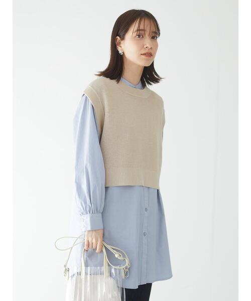 Green Parks(グリーンパークス)の「SET2点 ショートニットベスト+シャツチュニック*(ベスト・レディース・ネイビー/ベージュ/クリーム・FREE)」の4枚目の写真