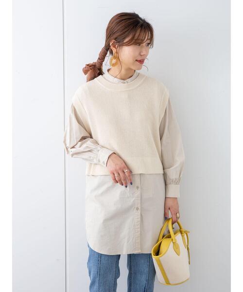 Green Parks(グリーンパークス)の「SET2点 ショートニットベスト+シャツチュニック*(ベスト・レディース・ネイビー/ベージュ/クリーム・FREE)」の6枚目の写真