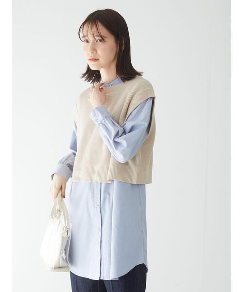 Green Parks(グリーンパークス)の「SET2点 ショートニットベスト+シャツチュニック*(ベスト・レディース・ネイビー/ベージュ/クリーム・FREE)」の10枚目の写真