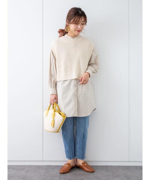 Green Parks(グリーンパークス)の「SET2点 ショートニットベスト+シャツチュニック*(ベスト・レディース・ネイビー/ベージュ/クリーム・FREE)」の14枚目の写真