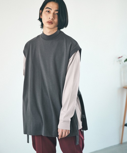 EMMA CLOTHES（エマクローズ）の「【VEST＆L/S TEEセット】サイドスリットムスビ ポンチベスト＆シルケットライク天竺 オーバーサイズ L/S カットソー（ベスト・メンズ・ホワイト/ライトグレー・FREE）」の2枚目の写真