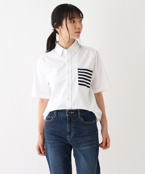 BASECONTROL(ベースコントロール)の「◆ポケットボーダーデザイン 半袖オックスボタンダウンシャツ(シャツ/ブラウス・レディース・ネイビー/アイボリー・99)」の1枚目の写真