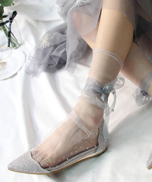 c.u.l（シーユーエル）の「【c.u.l】パール付きリボン レースアップチュールソックス cula216（ソックス/靴下・レディース・ホワイト/ブラック/ベージュ/グレー/アイボリー・FREE）」の9枚目の写真