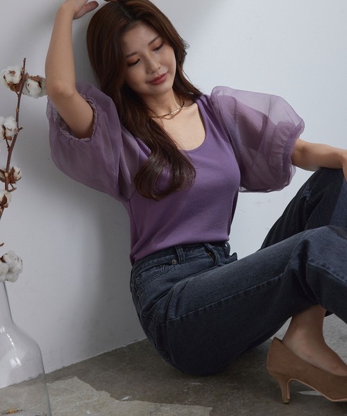 vis-`a-vis（ビサビ）の「【WEB限定】シアーボリュームスリーブプルオーバー（Tシャツ/カットソー・レディース・パープル/ブラック/ベージュ・FREE）」の9枚目の写真