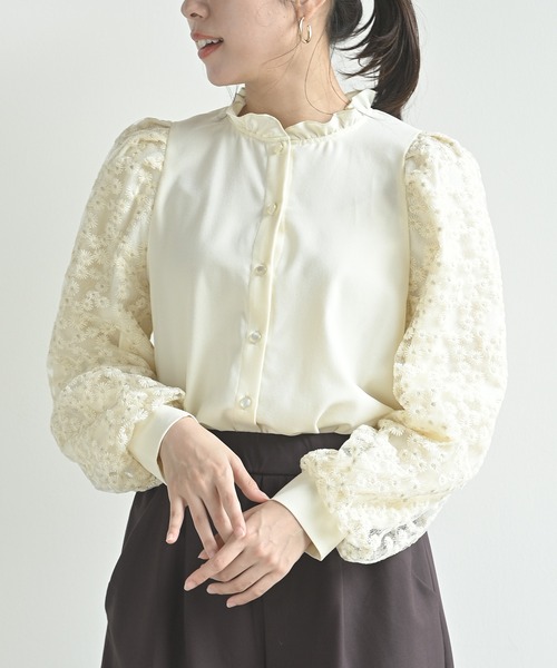 花柄オーガンジースリーブパワショルブラウス