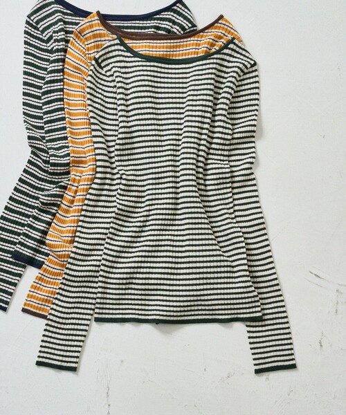 FREAK'S STORE(フリークスストア)の「ウォッシャブルボーダーボートネックリブニット(ニット/セーター・レディース・オフホワイト/ナチュラル/ブラック/イエロー/グリーン/ネイビー・フリ-)」の3枚目の写真