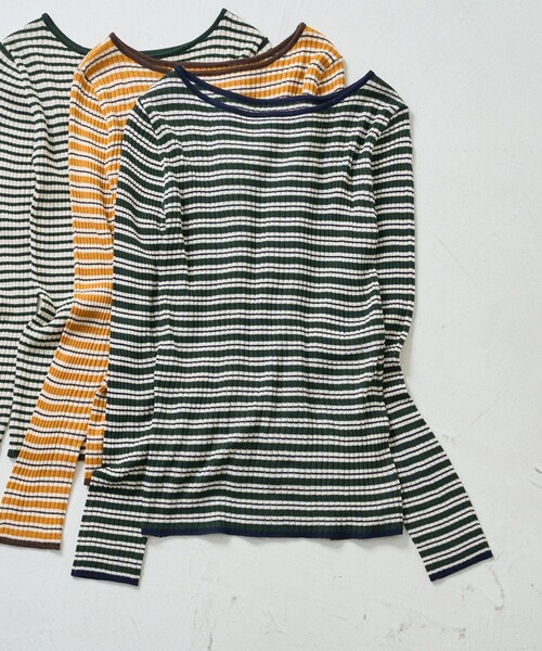 FREAK'S STORE(フリークスストア)の「ウォッシャブルボーダーボートネックリブニット(ニット/セーター・レディース・オフホワイト/ナチュラル/ブラック/イエロー/グリーン/ネイビー・フリ-)」の4枚目の写真