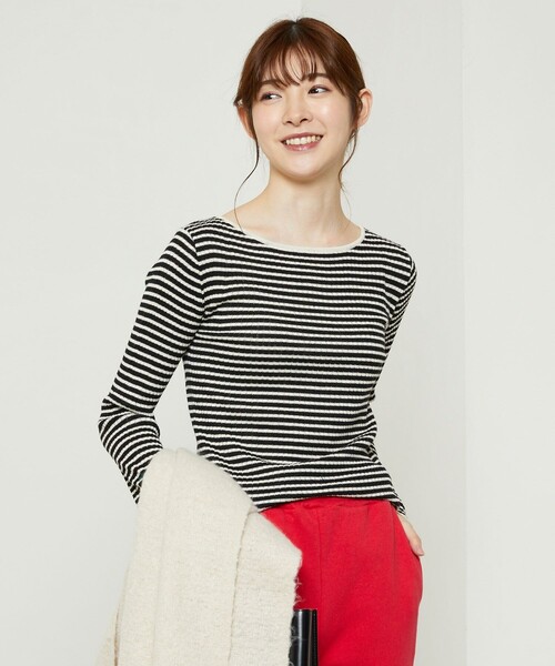 FREAK'S STORE(フリークスストア)の「ウォッシャブルボーダーボートネックリブニット(ニット/セーター・レディース・オフホワイト/ナチュラル/ブラック/イエロー/グリーン/ネイビー・フリ-)」の2枚目の写真