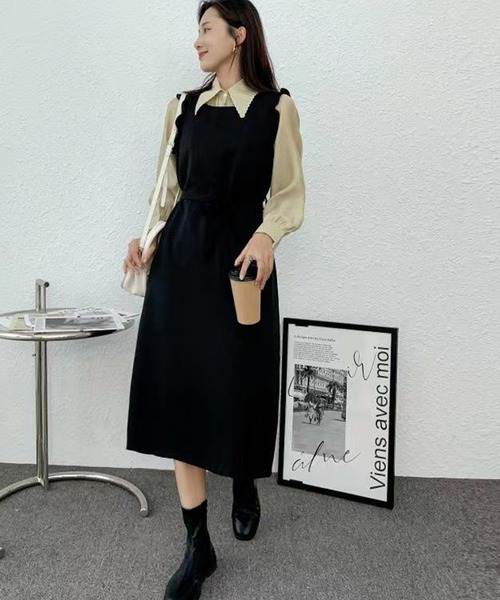 solleim（ソルレム）の「フリルジャンパースカート（ジャンパースカート・レディース・ブラック/ベージュ・M）」の3枚目の写真