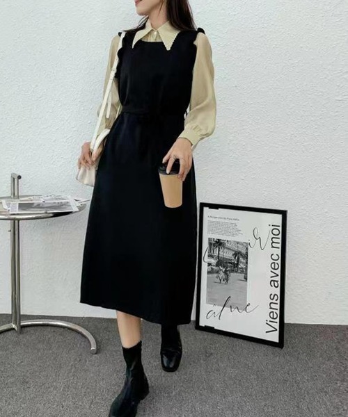 solleim（ソルレム）の「フリルジャンパースカート（ジャンパースカート・レディース・ブラック/ベージュ・M）」の5枚目の写真