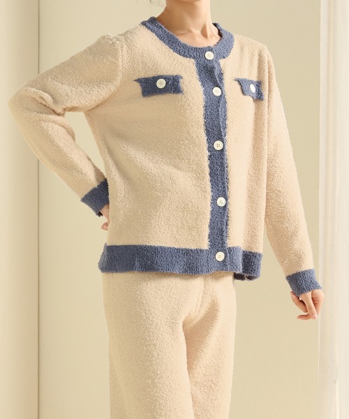 レディースもこもこ起毛カーディガン風セットアップルームウェアパジャマ上下2点セット
