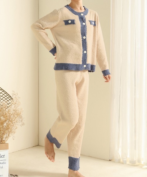 レディースもこもこ起毛カーディガン風セットアップルームウェアパジャマ上下2点セット