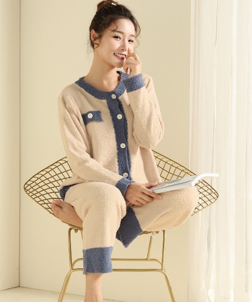 レディースもこもこ起毛カーディガン風セットアップルームウェアパジャマ上下2点セット