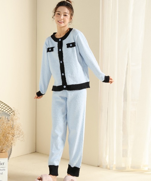 レディースもこもこ起毛カーディガン風セットアップルームウェアパジャマ上下2点セット