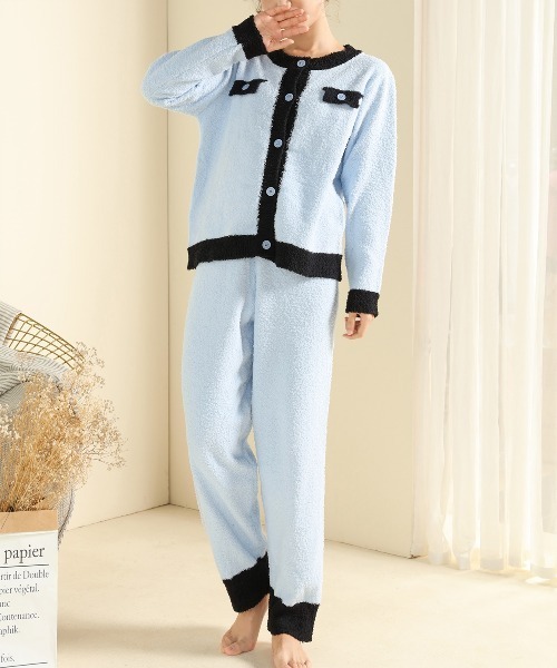 レディースもこもこ起毛カーディガン風セットアップルームウェアパジャマ上下2点セット