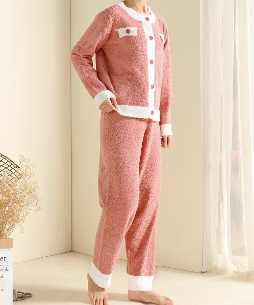 レディースもこもこ起毛カーディガン風セットアップルームウェアパジャマ上下2点セット