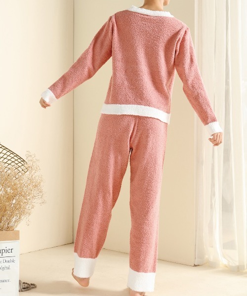 レディースもこもこ起毛カーディガン風セットアップルームウェアパジャマ上下2点セット
