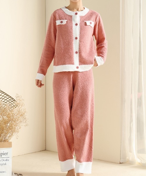 レディースもこもこ起毛カーディガン風セットアップルームウェアパジャマ上下2点セット