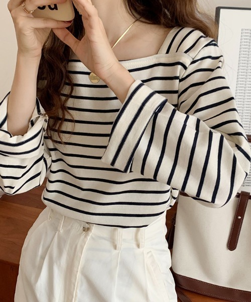 by muni:r(バイ ムニール)の「ベーシックスクエアボーダーTシャツ(Tシャツ/カットソー・レディース・ホワイト/ブラック・FREE)」の14枚目の写真