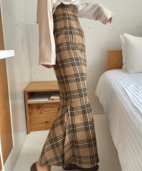LAUIR（ラウアー）の「チェックマーメイドスカート（スカート・レディース・グリーン/ブラウン/ネイビー/ベージュ・LARGE/X-LARGE/SMALL/MEDIUM）」の5枚目の写真