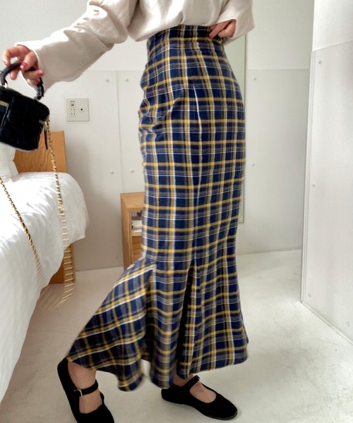 LAUIR（ラウアー）の「チェックマーメイドスカート（スカート・レディース・グリーン/ブラウン/ネイビー/ベージュ・LARGE/X-LARGE/SMALL/MEDIUM）」の14枚目の写真