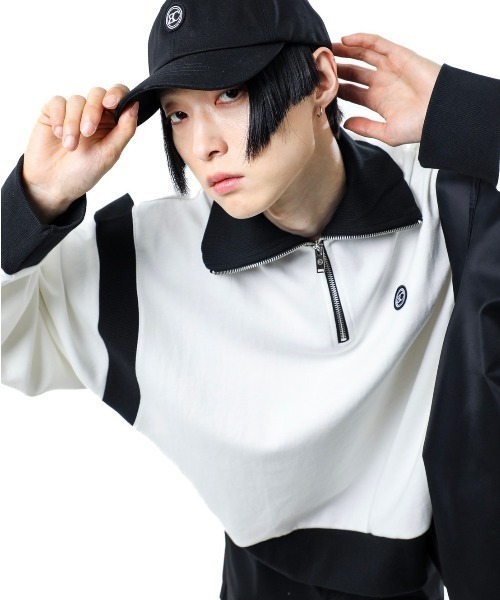 BASIC COTTON（ベーシックコットン）の「【BASIC COTTON/ベーシックコットン】MIX ZIP-UP MTM /ジップアップ ハーフジップ スウェット（スウェット・メンズ・ホワイト/ブラック・ONE SIZE）」の3枚目の写真