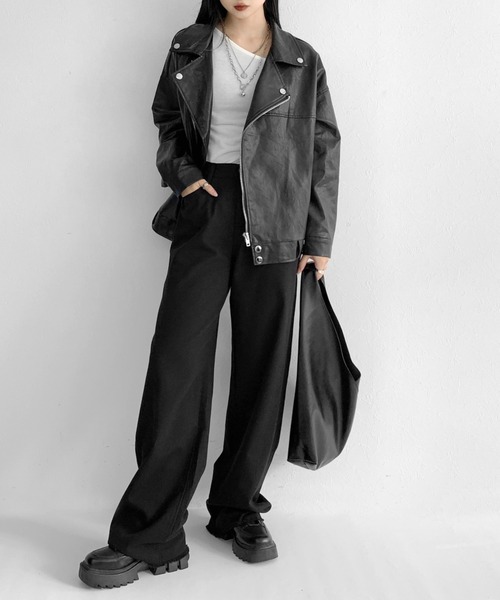 LVEU.（ラブユ.）の「Faux leather over riders jacket / 合皮オーバーライダースジャケット（ライダースジャケット・レディース・ブラック・FREE）」の7枚目の写真